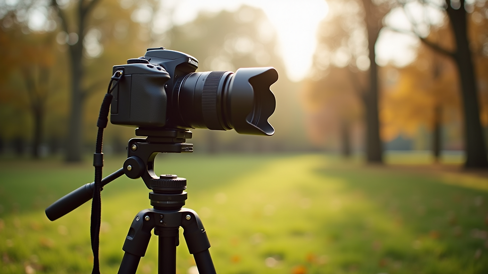 Close-up view of a camera on a tripod set up in a park for a family photo shoot