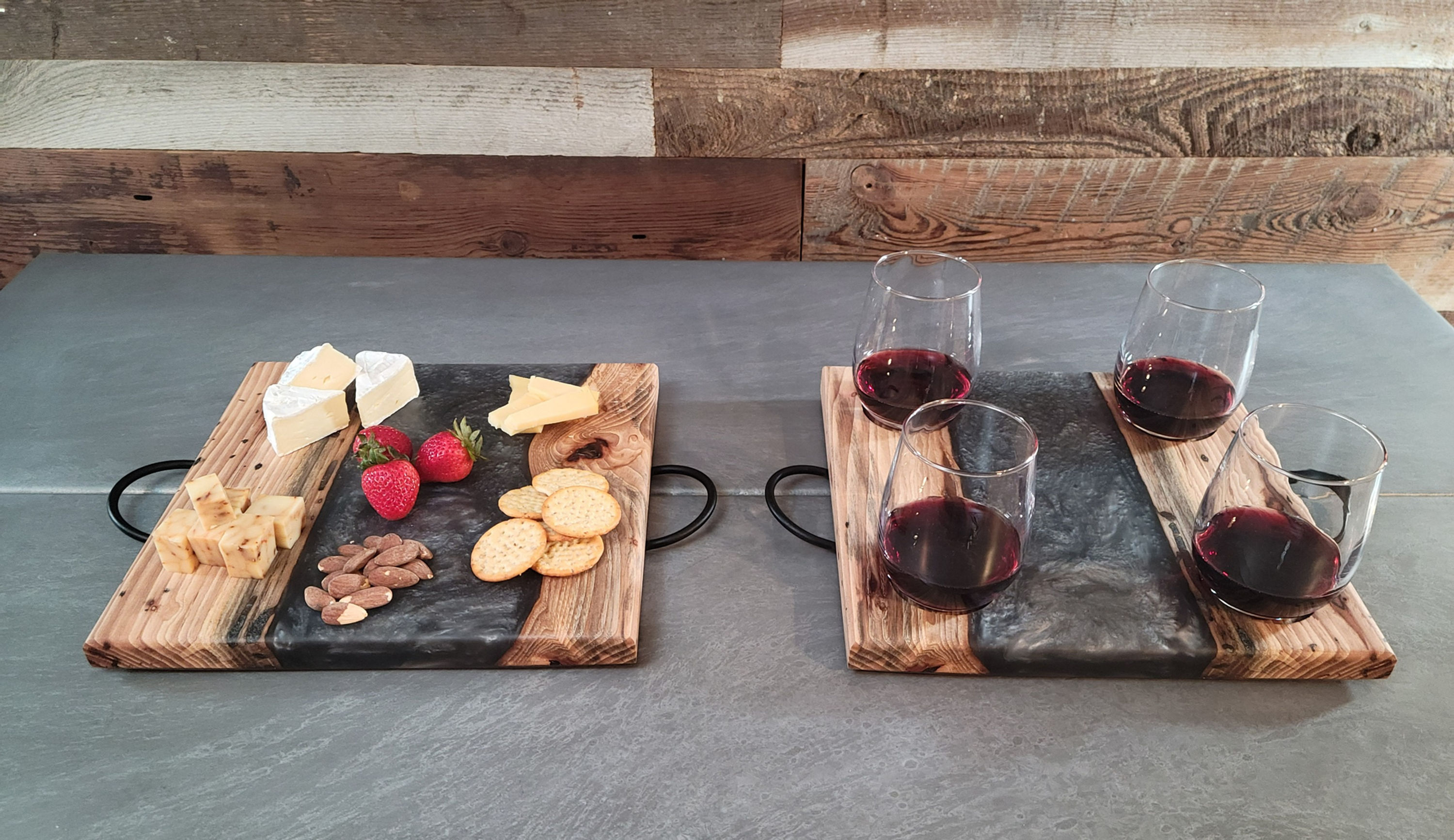 Hickory and Gun Metal Gray Wine and Cheese serving set