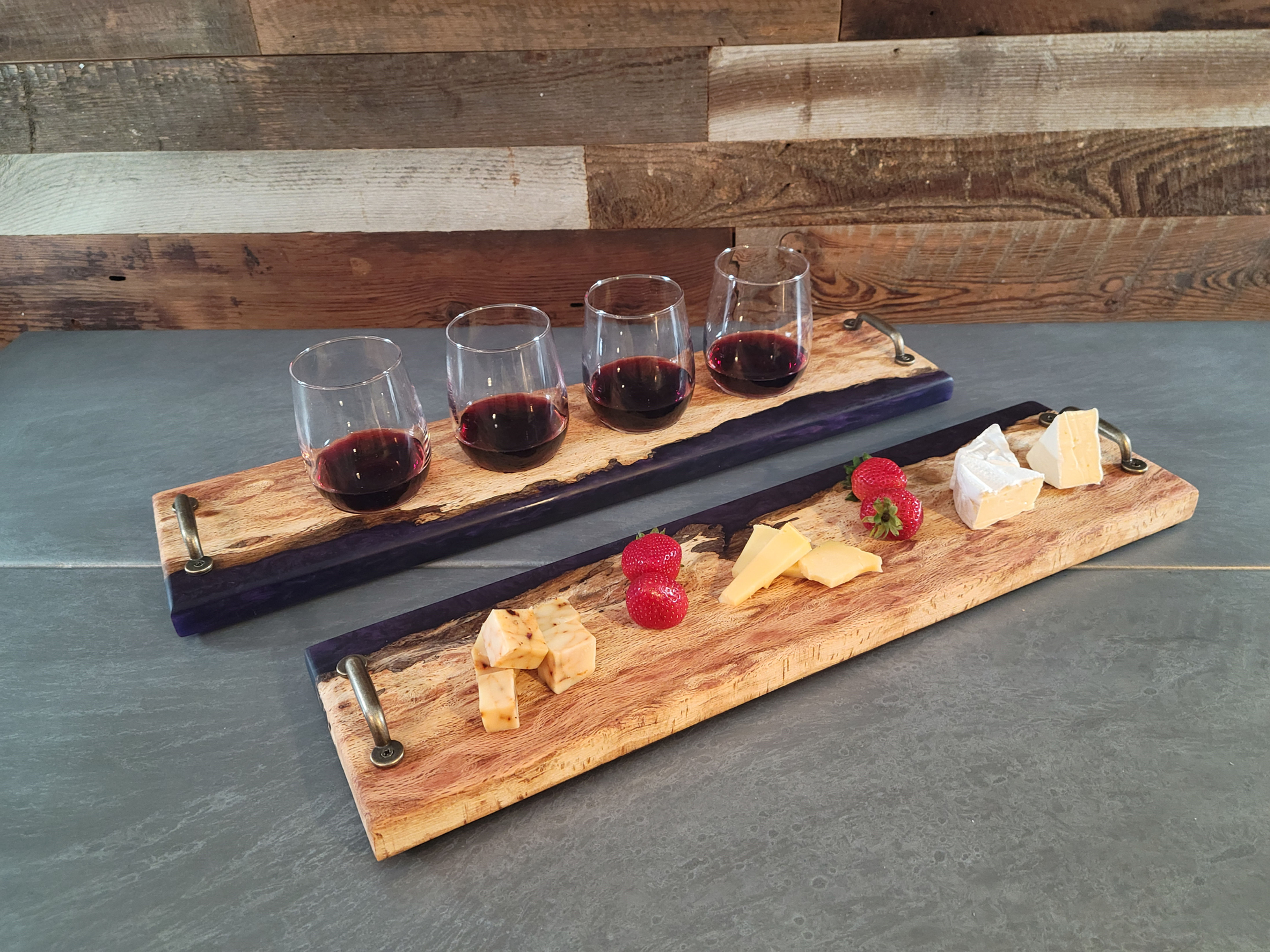 Red Oak and purple epoxy Wine and Cheese serving set
