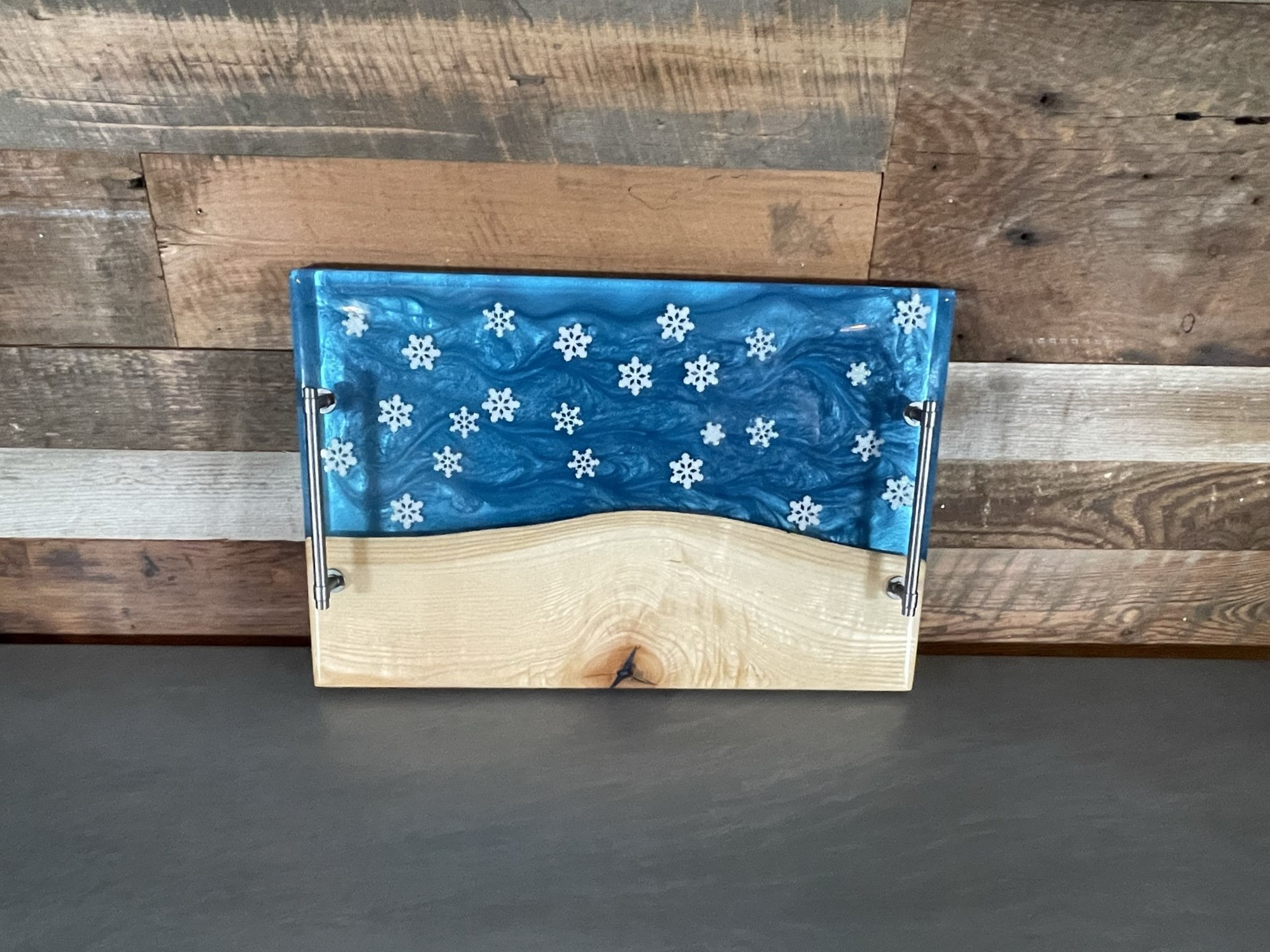 Ash and Blue Epoxy serving board with snowflakes