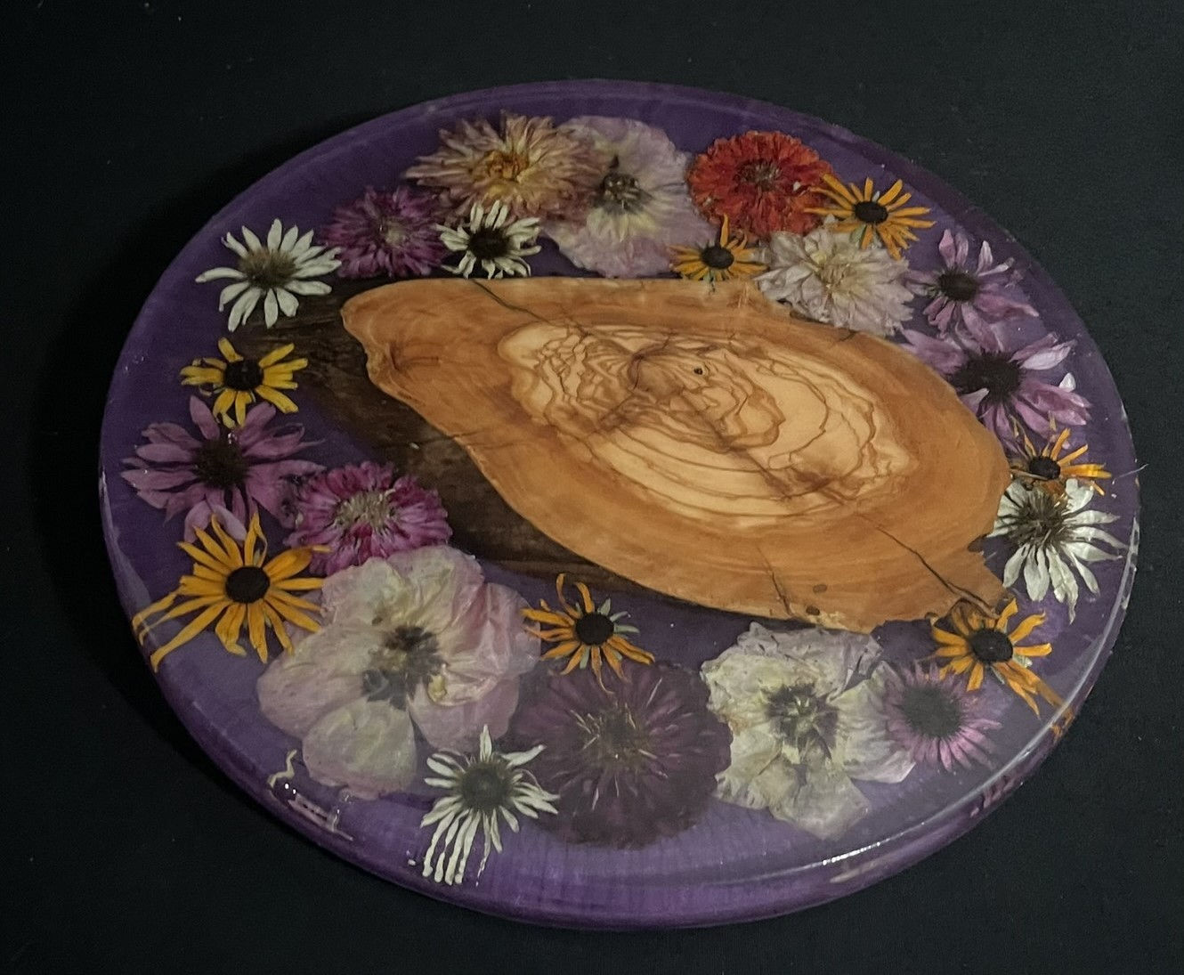 Purple Lazy Susan with Olive Wood and Flowers