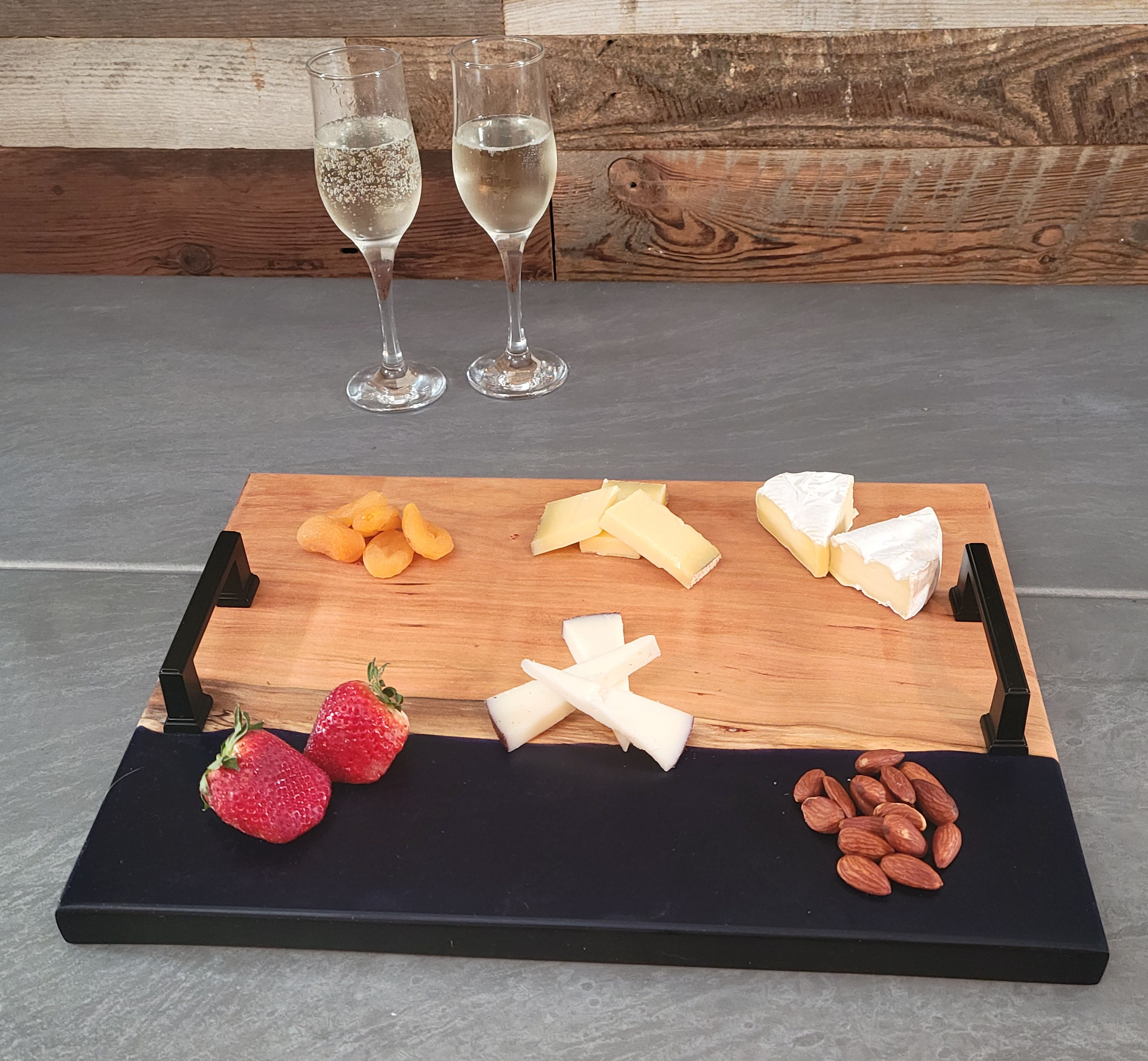 Cherry wood and Cobalt Blue epoxy serving board with black handles