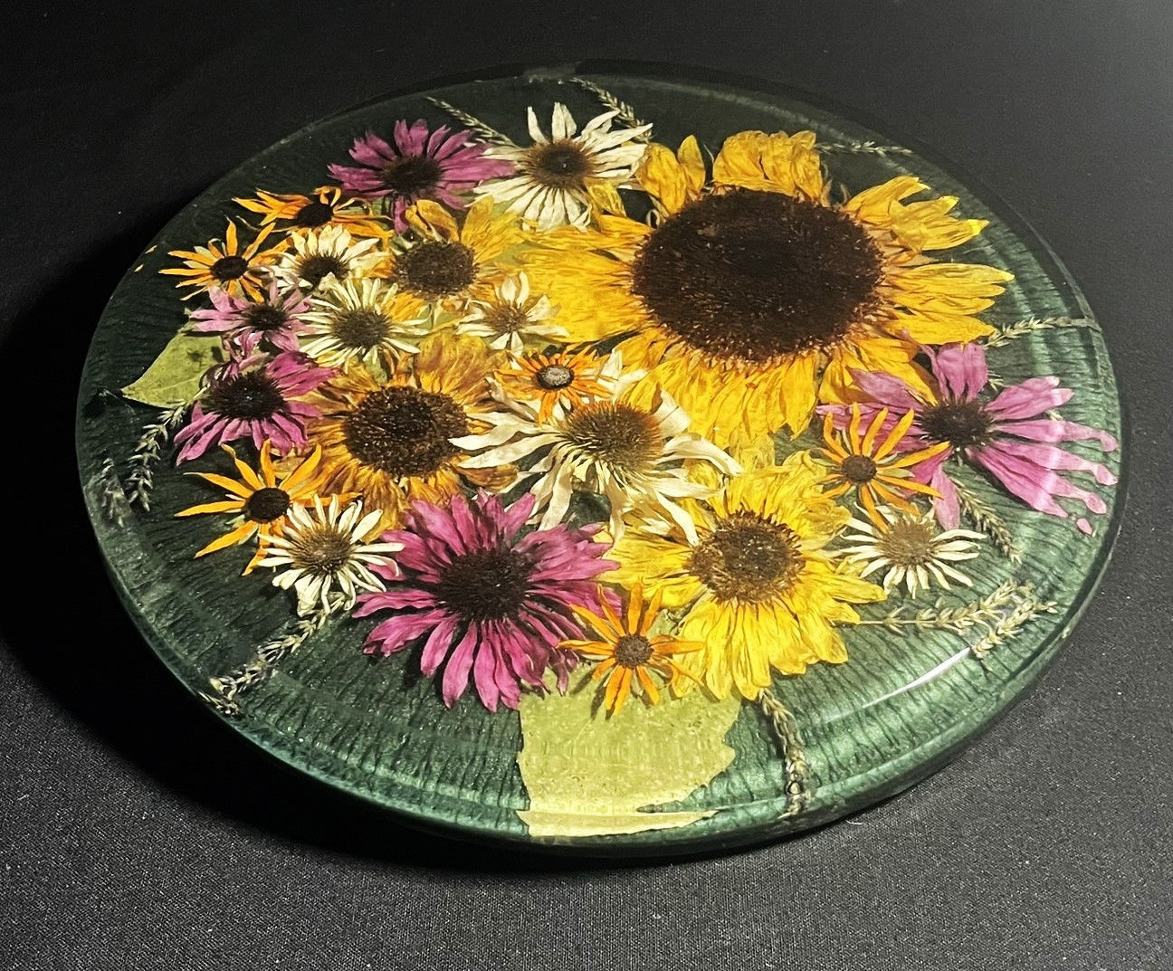 Green Lazy Susan with Sun Flowers and Cone Flowers