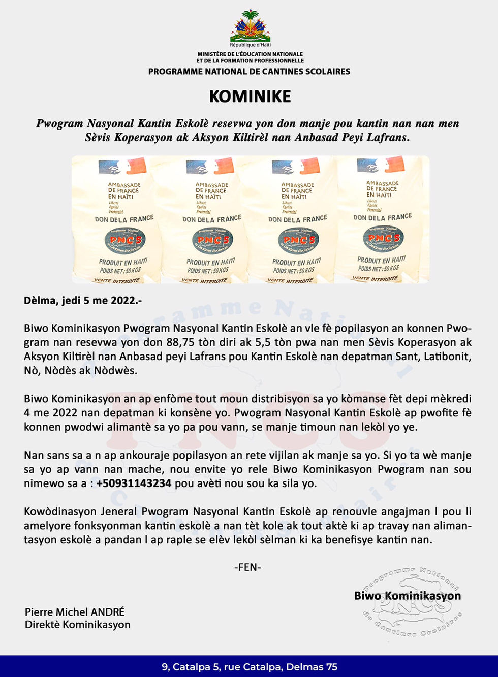 KOMINIKE: Pwogram Nasyonal Kantin Eskolè resevwa yon don manje pou kantin nan