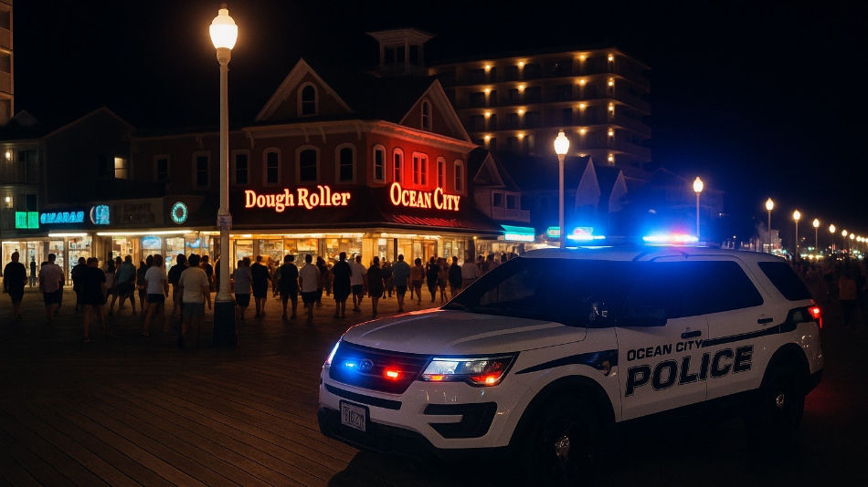Ocean City Maryland boardwalk at night with police SUV and flashing lights