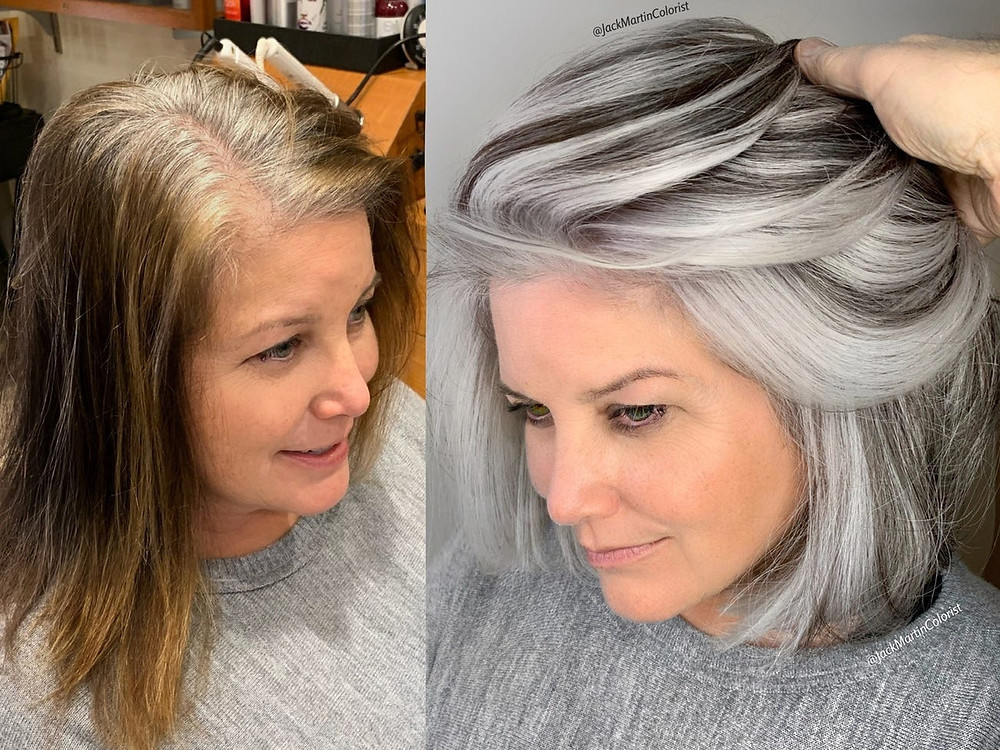 Woman transitioning from brown to gray hair.