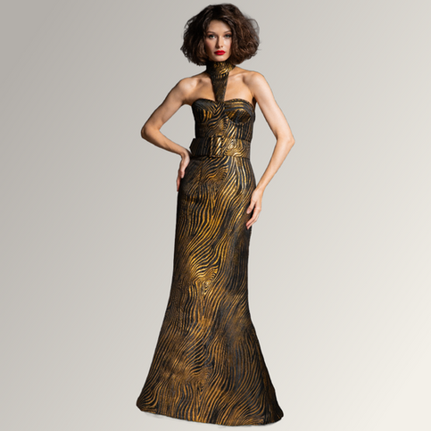 Slim bronze and black strapless gown. Alex Teih.