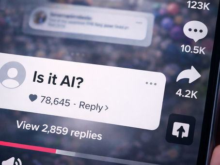 Close-up of a smartphone screen showing a social media comment that reads “Is it AI?” with high engagement metrics.