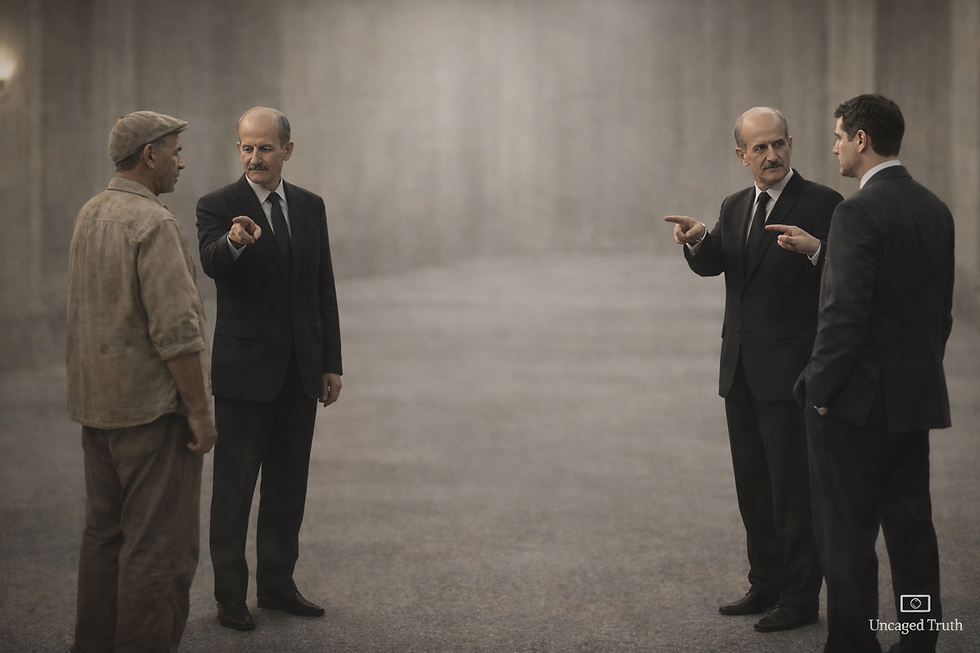 Two pairs of men standing apart in an empty space, each man pointing at the person opposite him, creating a mirrored confrontation.