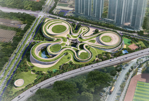 Pingshan Badminton Academy with undulating architecture integrated into park landscape
Sports academy architecture embedded in green landscape with terraced building forms
Badminton training campus with low-profile buildings and accessible roofscape park