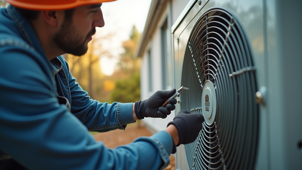 Eye-level view of HVAC technician inspecting a residential air conditioning unit