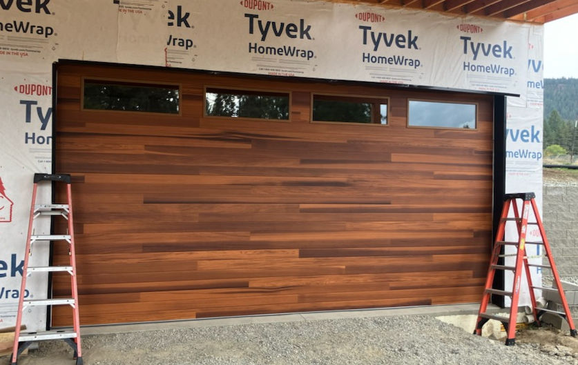 cedar plank garage door with windows