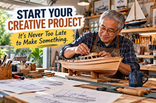 Older Asian man building a handcrafted wooden model boat in a bright home workshop surrounded by tools, plans, and creative materials.