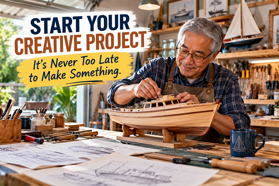 Older Asian man building a handcrafted wooden model boat in a bright home workshop surrounded by tools, plans, and creative materials.