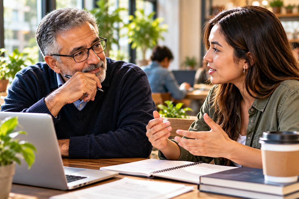 Older bearded man listening attentively while a younger woman explains her ideas during a mentoring conversation at a cafe table.