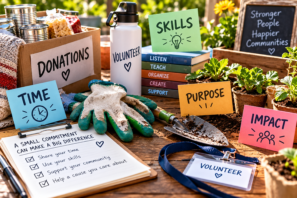 Volunteer supplies, gardening tools, donations, seedlings, books, and cards representing time, skills, purpose, and community impact.