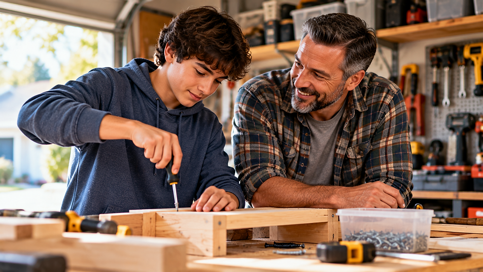 Father and teenage son working together on a woodworking project in a garage, representing how ideas about emotions and masculinity can be passed between generations.