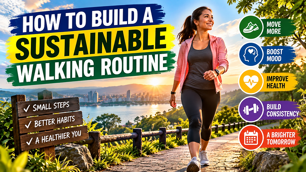 Colorful wellness graphic showing a woman walking on a scenic path beneath the headline How to Build a Sustainable Walking Routine with reminders to move more, boost mood, improve health, and build consistency.
