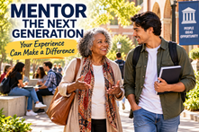 Older Black woman mentoring a younger man while walking together through a sunny university or community campus.