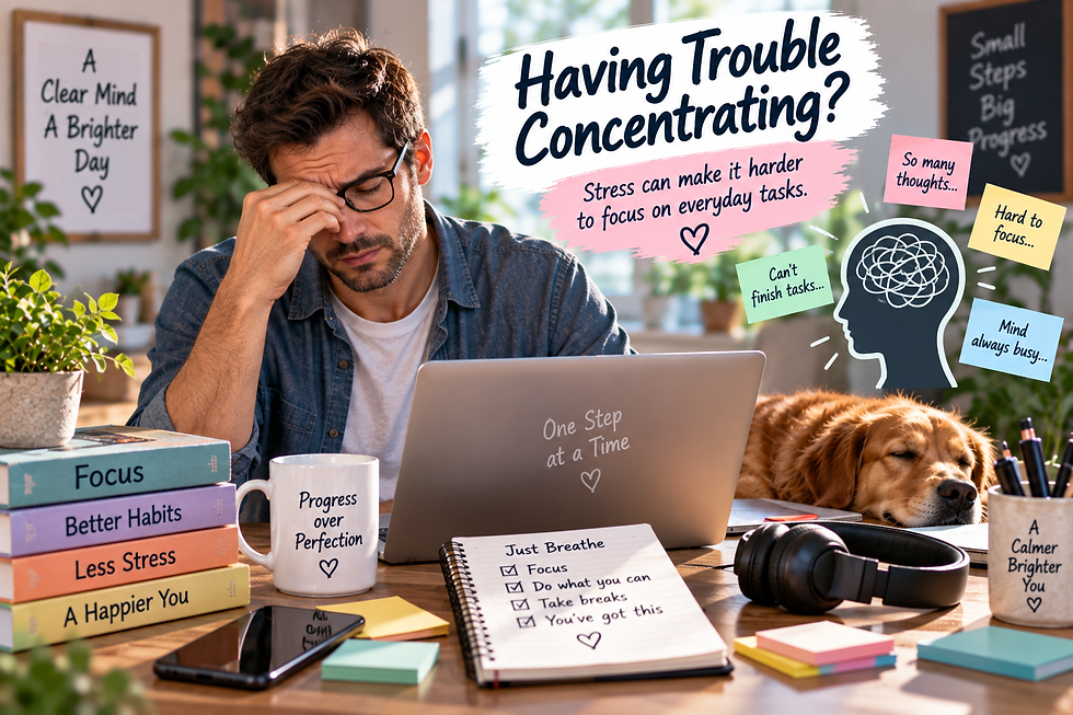 Man struggling to concentrate at a laptop beside notes about too many thoughts, unfinished tasks, difficulty focusing, and a constantly busy mind