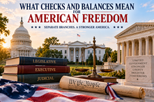 U.S. Capitol, White House, and Supreme Court shown with scales, the Constitution, and symbols representing checks and balances.
