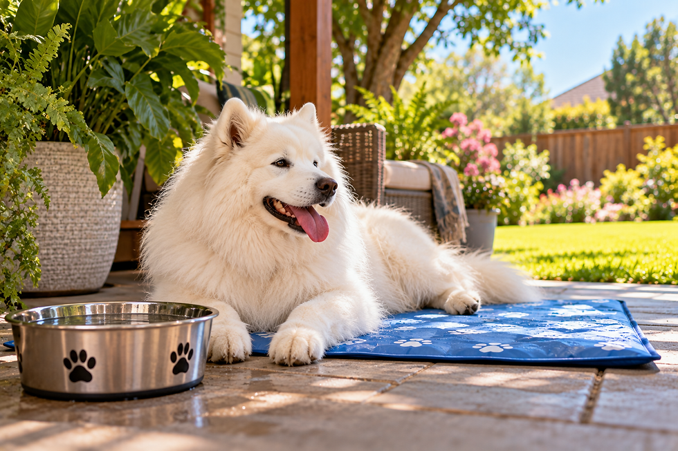 White Samoyed resting on a blue cooling mat in a shaded backyard beside a bowl of fresh water.