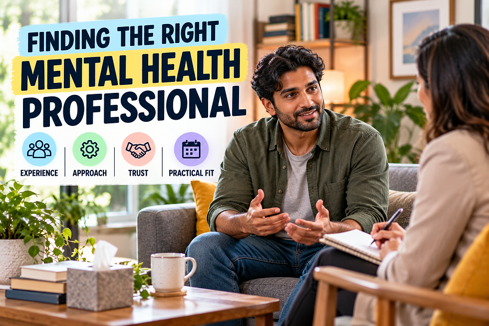 Man speaking with a mental health professional in a welcoming office beside a guide to experience, approach, trust, and practical fit.