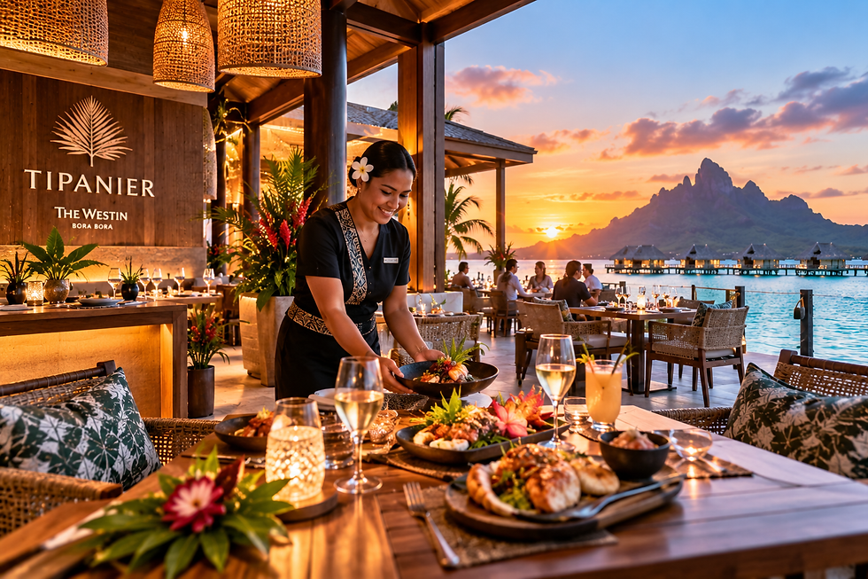 Open-air waterfront restaurant serving island-inspired food at sunset beside the Bora Bora lagoon