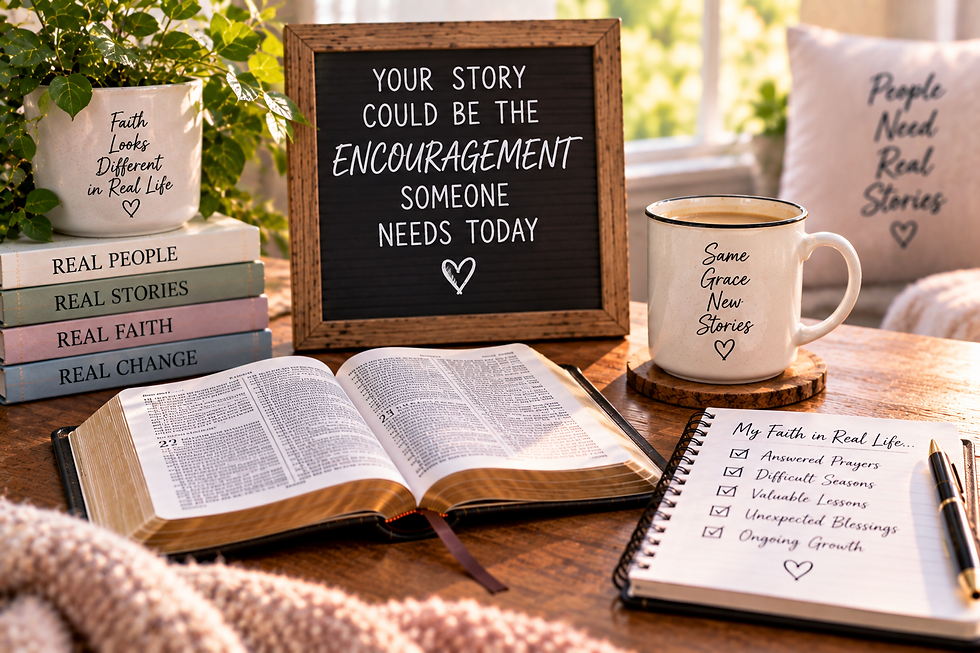 Open Bible and faith journal beside the message Your Story Could Be the Encouragement Someone Needs Today and reminders about answered prayers, difficult seasons, lessons, blessings, and growth