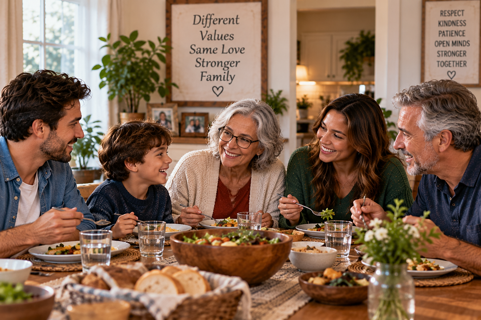 Multigenerational family enjoying a relaxed meal together around a dining table.