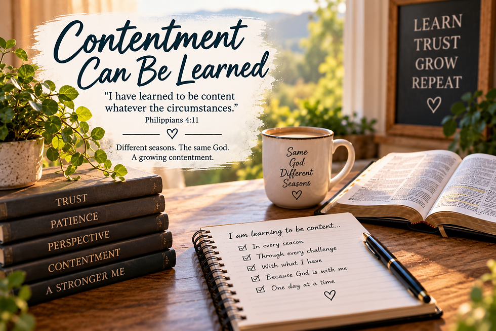 Open Bible and journal beneath the headline Contentment Can Be Learned with Philippians 4:11 and reminders about trust, patience, perspective, and growth