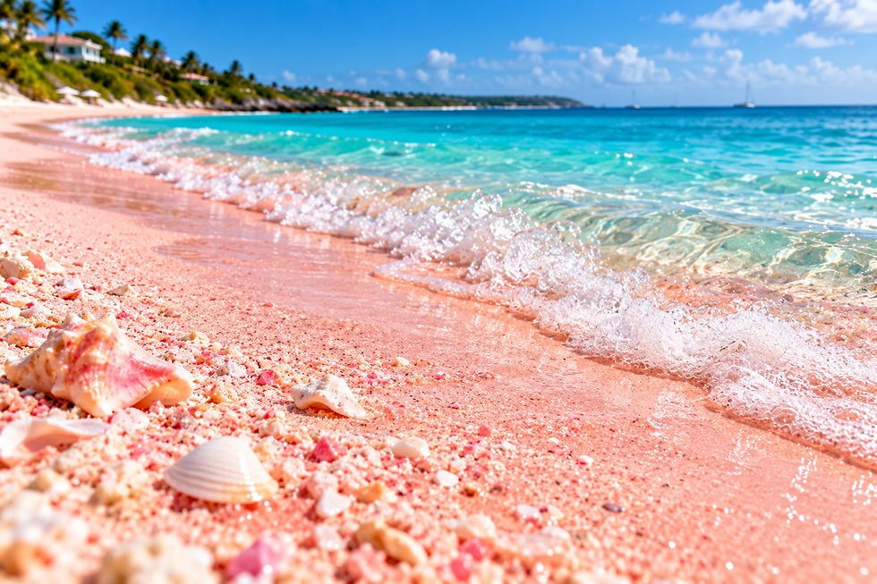 Close-up of pink-tinted sand, small shells, and clear turquoise waves along Harbour Island’s shoreline.