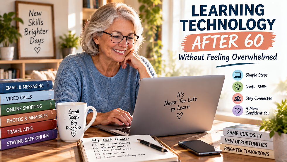 Older woman using a laptop while learning useful technology skills at a bright home workspace
