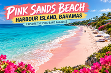 Elevated view of Pink Sands Beach, Bahamas, with blush-pink shoreline and turquoise sea beneath a bold destination headline.