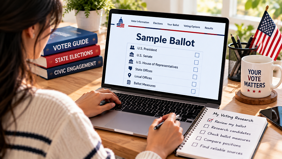 Voter reviewing a sample ballot online with voter guides and a research checklist before an election.