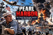 Pearl Harbor attack collage showing Japanese aircraft, burning U.S. battleships, sailors responding at the harbor, and smoke rising over the naval base.