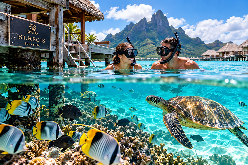 Couple snorkeling in a clear Bora Bora lagoon with tropical fish, coral, overwater bungalows, and mountain scenery