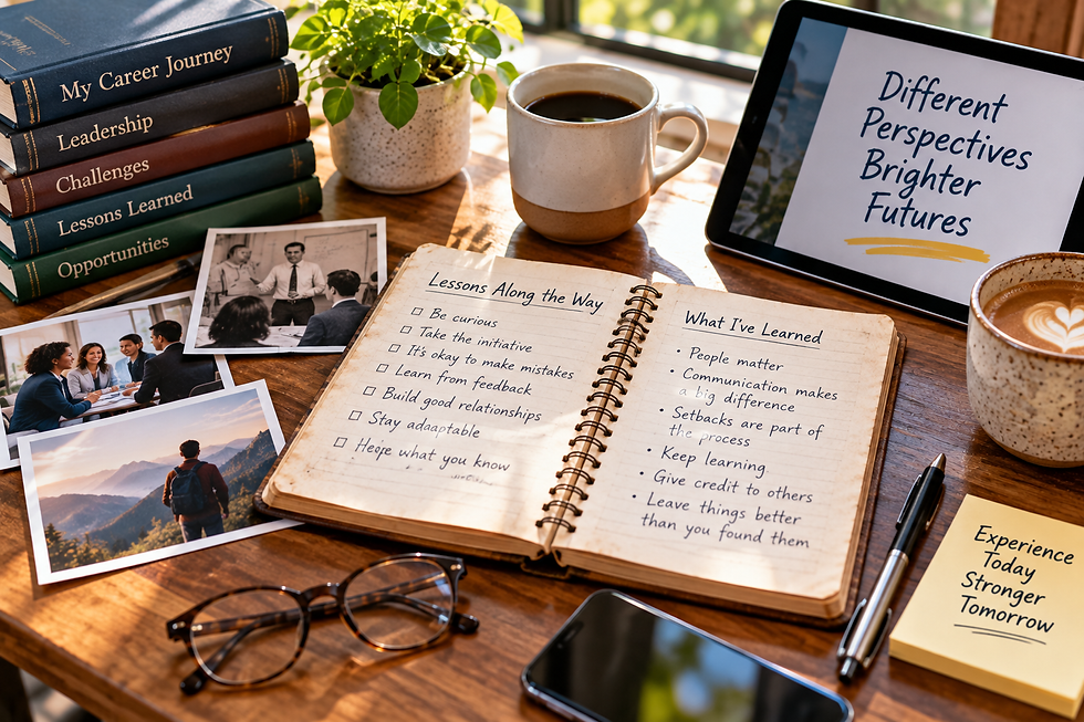 Notebook filled with career lessons beside old photographs, books, a tablet, coffee, and personal items representing experience being passed to the next generation.