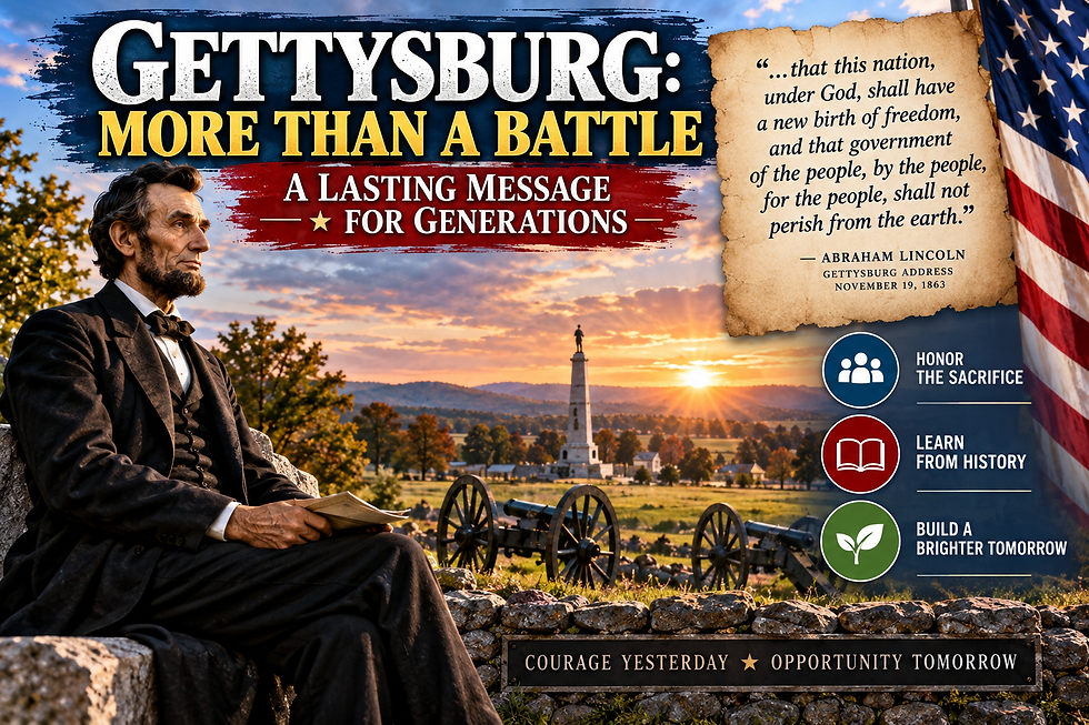 Gettysburg memorial scene with Abraham Lincoln, battlefield cannons, and a reference to the Gettysburg Address