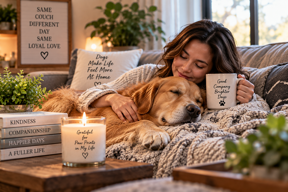 Woman relaxing on a couch while cuddling a sleeping golden retriever in a cozy home setting