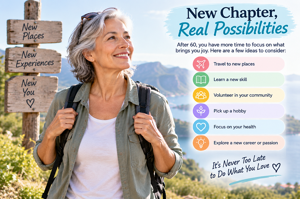 Older woman traveling beside an infographic with ideas for a new chapter after 60, including travel, learning, volunteering, hobbies, health, and new work.