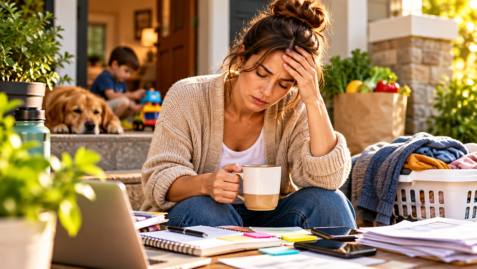 Overwhelmed woman at home surrounded by laundry, paperwork, groceries, and family responsibilities illustrating burnout outside the workplace.