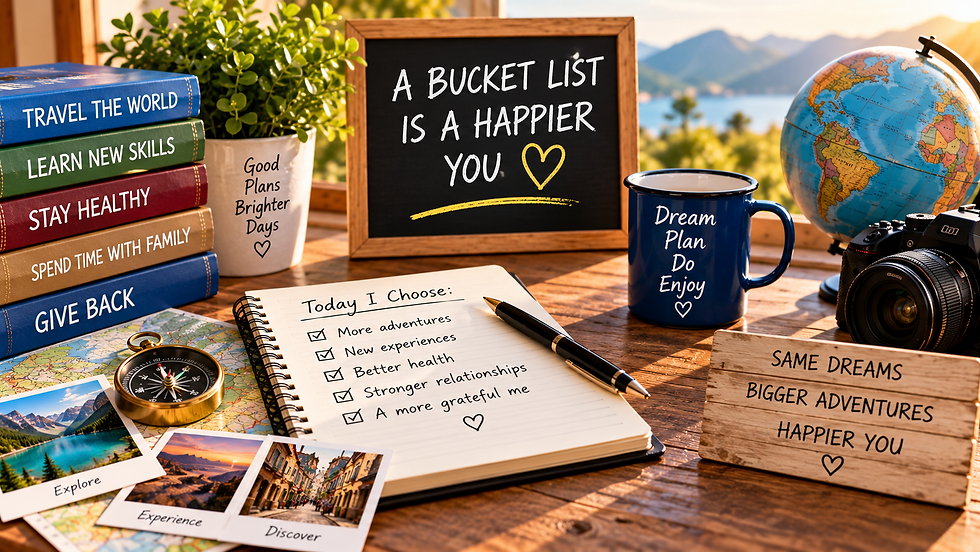 Bucket list journal with travel, health, family, learning, and personal growth goals beside a globe, camera, map, and photos