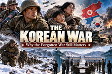 Korean War collage showing American soldiers, Korean civilians, military vehicles, snowy mountains, the divided Korean Peninsula, and armistice negotiations.