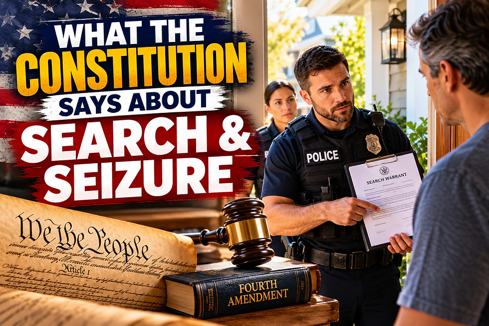 Police officer presenting a search warrant to a homeowner beside Fourth Amendment imagery and a bold search and seizure headline.