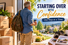 Older man beginning a new chapter after moving to a new home, looking toward a bright neighborhood with moving boxes and community information nearby.