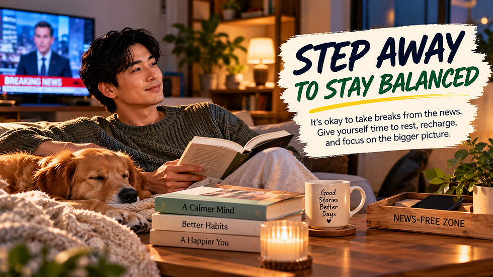 Asian man relaxing with a book and dog in a cozy news-free living room while a television remains in the background.