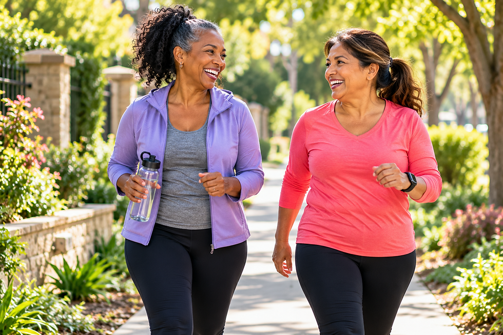 Two smiling middle-aged women in lavender and coral athletic clothing walking together along a leafy park path.