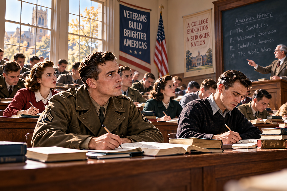 World War II veterans studying in a crowded late-1940s college classroom as GI Bill education benefits expand access to higher education.