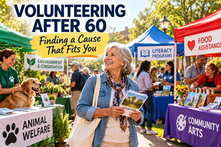 Older adult exploring volunteer opportunities at a community fair with booths for animal welfare, conservation, literacy, food assistance, and community arts.